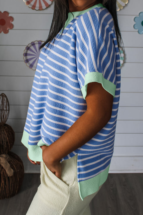 Sky Blue Stripe Contrast Trim Loose Short Sleeve Top