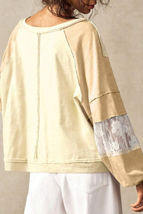 Yellow Cream Exposed Seam Color Block Lace Patchwork Long Sleeve V Neck Loose Top