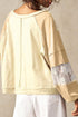 Yellow Cream Exposed Seam Color Block Lace Patchwork Long Sleeve V Neck Loose Top