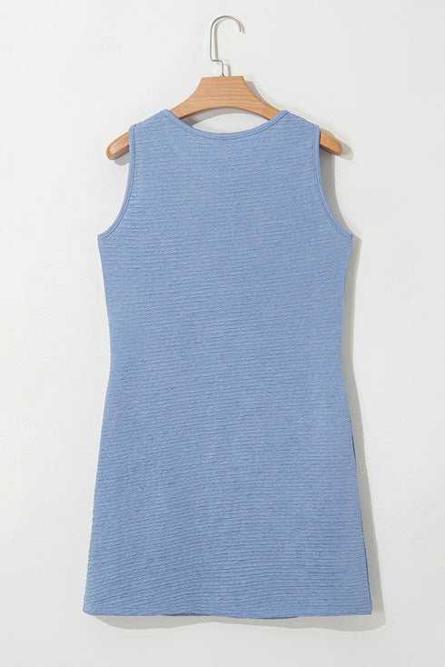 Beau Blue Solid Color Textured Lace Hollowed Detail Sleeveless Mini Dress