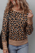 Brown Leopard Print Buttoned Sleeve Contrast Striped Edge Sweater