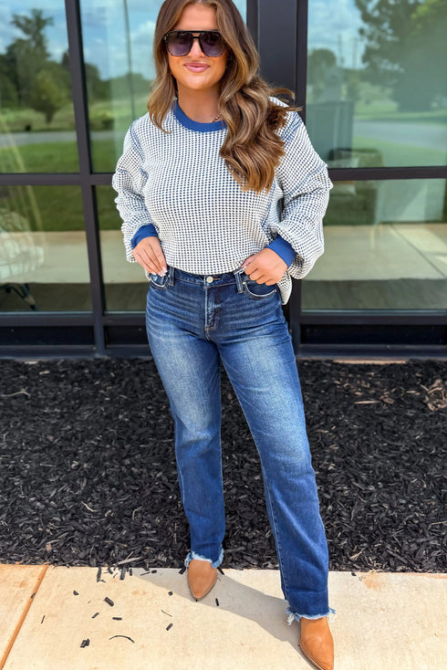 Dark Blue Waffle Knit Exposed Stitching Casual Top with Side Slits