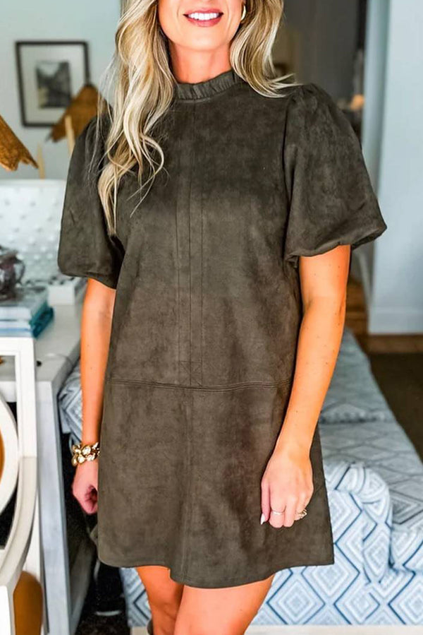 Moss Green Frilled Round Neck Short Puff Sleeve Shift Mini Dress