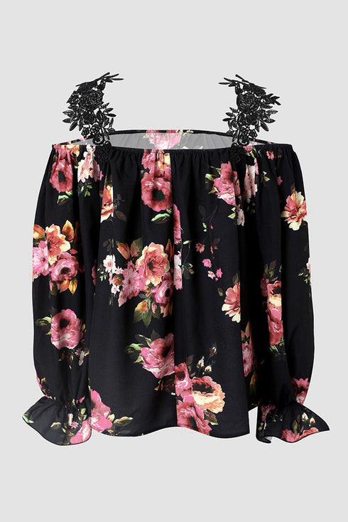 casual-feather-print-off-shoulder-strap-blouse