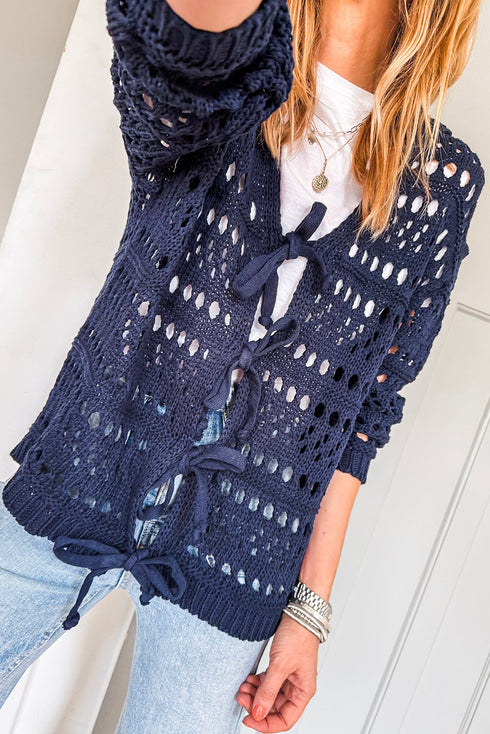 Navy Blue Crochet Tie Front Cardigan