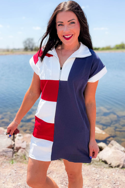 Navy Blue Americana Colorblock Stripes Zip up Collared T Shirt Mini Dress