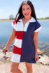 Navy Blue Americana Colorblock Stripes Zip up Collared T Shirt Mini Dress