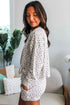 White Spiral Ribbed Floral Print Long Sleeve Henley Top Drawstring Short Set