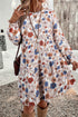Khaki Tiered Floral Round Neck Ruffled Long Sleeve Dress