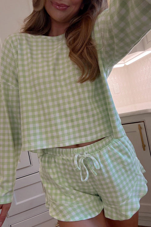 Green Gingham Long Sleeve Loose Top Drawstring Shorts 2pcs Pajama Set