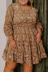 Khaki Plus Size Floral Print V Neck Long Sleeve Smocked Waist Mini Dress
