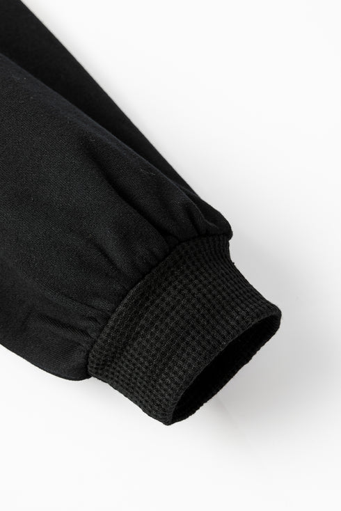 Black Waffle Knit Patchwork Exposed Seam Loose Shacket