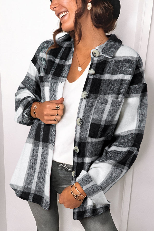 Gray Plaid Color Block Buttoned Long Sleeve Jacket with Pocket