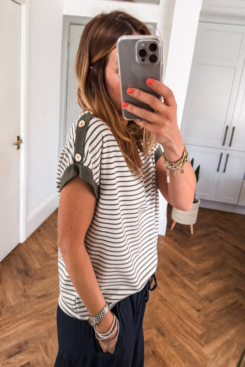Green Stripe Cuffed Sleeve Button Detail Loose Tee