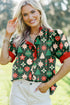 Green Christmas Fashion Print Contrast Trim Frilled Neck Short Sleeve Blouse