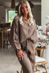 Dark Brown Braided V Neck Long Sleeve Loose Top and Drawstring High Waist Pants 2pcs Outfit