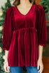 Burgundy Frilly Shirred Detail V Neck Velvet Peplum Tunic Blouse