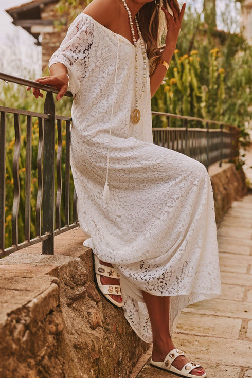 White Floral Lace Overlay Tassel Tie Short Sleeve Beach Vacation Loose Maxi Dress