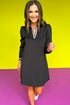Black Striped Trim V Neck Collared Long Sleeve Shift Mini Dress