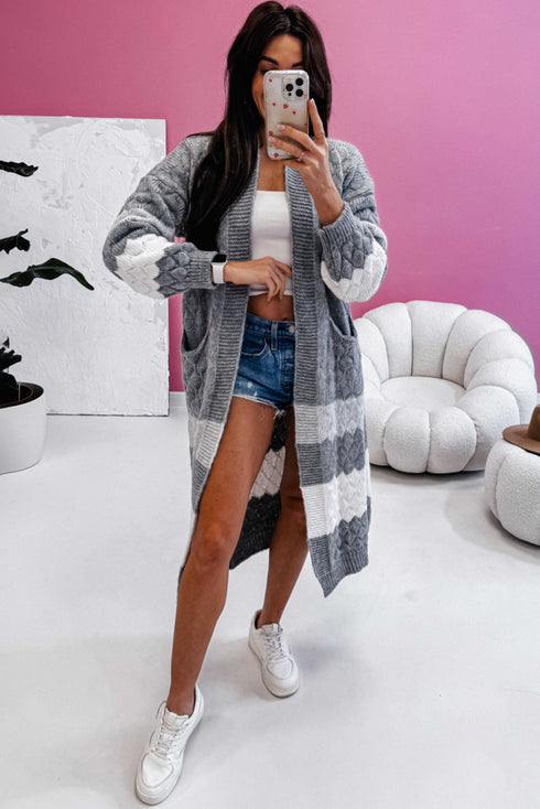 Gray Color Block Side Pockets Open Front Long Cardigan
