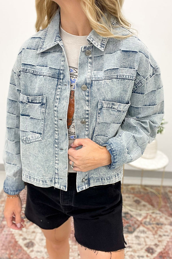 Beau Blue Denim Checkered Pattern Patchwork Womens Casual Jacket