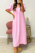 Pink Stripe V Neck Short Sleeve Shift Long Dress