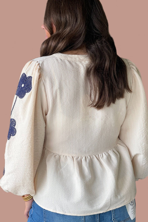 Apricot Contrast Flower Embroidered Puff Sleeve Bow Tie Front Plus Size Babydoll Blouse