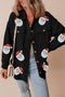 Black Sequin Father Christmas Graphic Button Down Ribbed Shacket