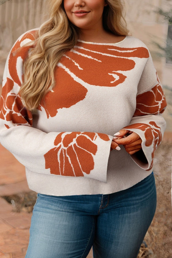 Beige Plus Size Flower Print Wide Sleeve Sweater