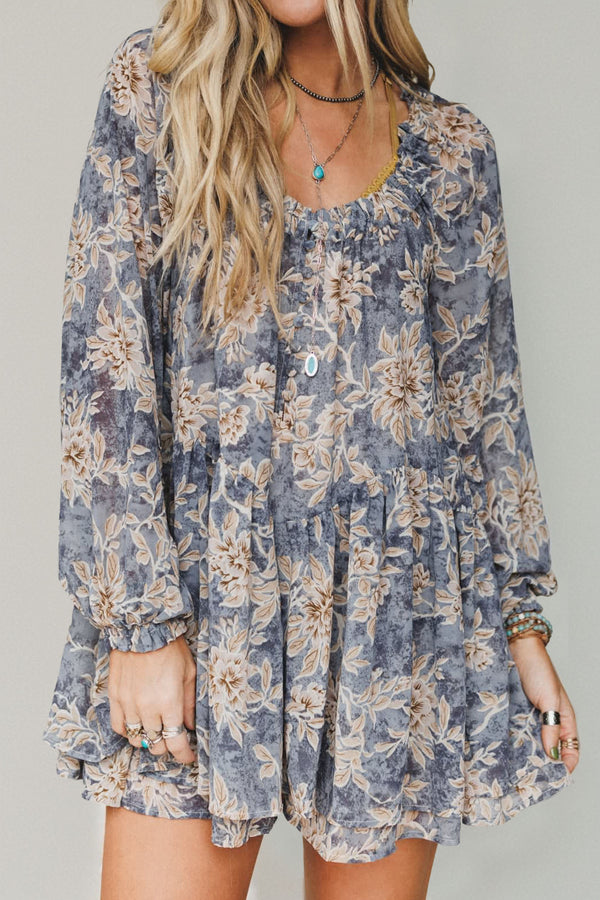 Blue Floral Print Frilled Neckline Long Sleeve Ruffle Skirt Overlay Casual Romper