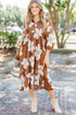 Brown Floral Print Shirt Collar V Neck 3/4 Sleeve Shift Midi Dress