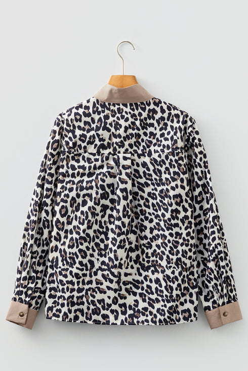 Multicolour Leopard Print Contrast Patchwork Cuffs Button Collared Top