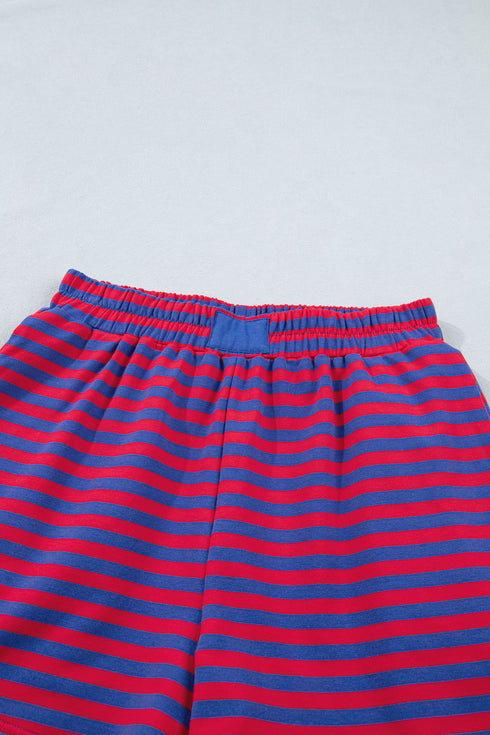 Navy Stripe Striped Ribbed Cotton Two-Piece Short Set with Chest Patch Detail