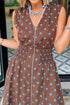 Brown Polka Dot Print Contrast Trim V Neck Zip Up Sleeveless Dress