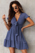 Blue Deep V Neck Self-tie Knotted Front Layered Flare Mini Dress