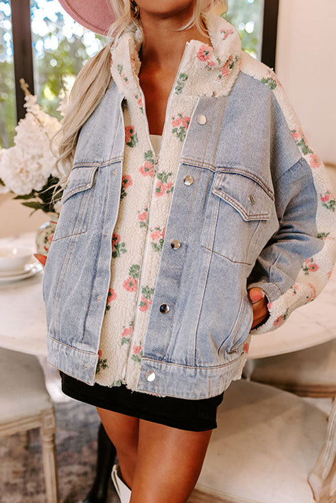 Beige Floral Sherpa Denim Patchwork Jacket
