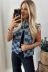 Beau Blue Checkered Ruffle Trim Button Down Denim Vest