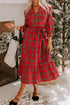Red Christmas Plaid V Neck 3/4 Sleeve Tie Waist Ruffle Hem Midi Dress