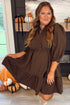 Coffee Plus Size Frilled Trim V Neck Puff Sleeve Textured Mini Dress