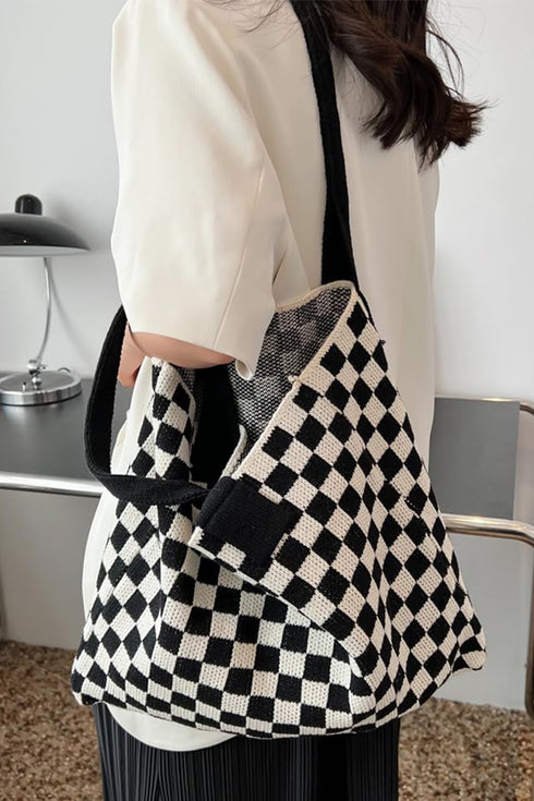 Color black Checkered Knit Eco-Friendly Tote Bag