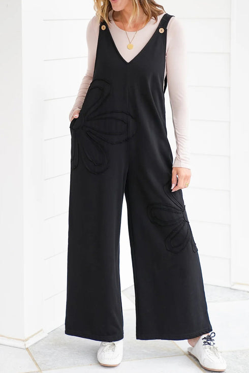 Black Solid Color Raw Seam Big Flower Patched Loose Overall Jumpsuit