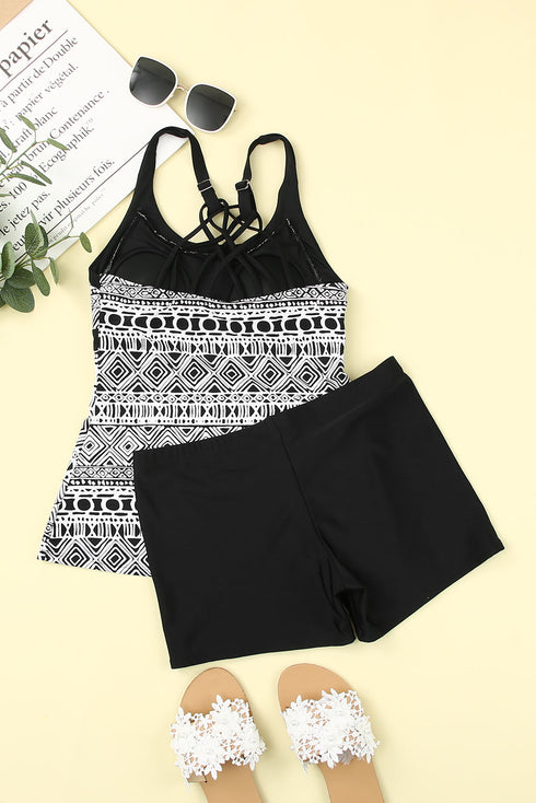 monochrome-geometry-print-sporty-tankini-swimsuit