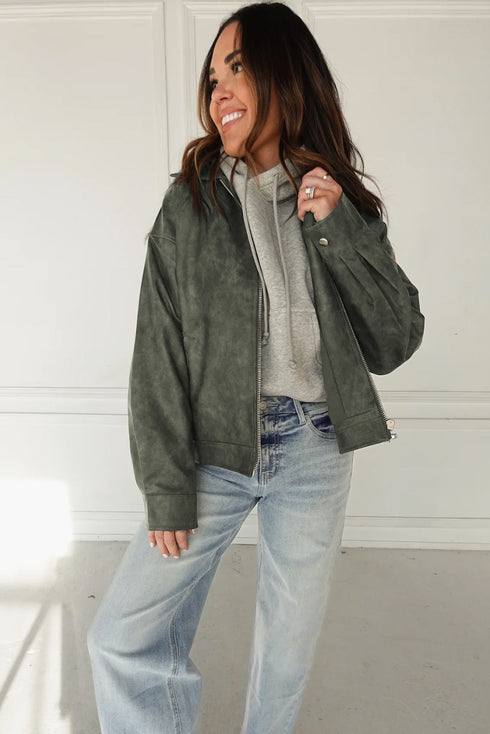 Four Leaf Clover Vintage Faux Leather Button Pleated Cuffs Zip Up Jacket