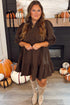 Coffee Plus Size Frilled Trim V Neck Puff Sleeve Textured Mini Dress