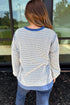 Dark Blue Waffle Knit Exposed Stitching Casual Top with Side Slits
