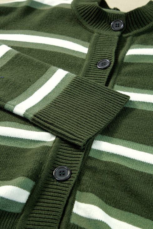 Green Stripe Drop Shoulder Buttons Cardigan Sweater