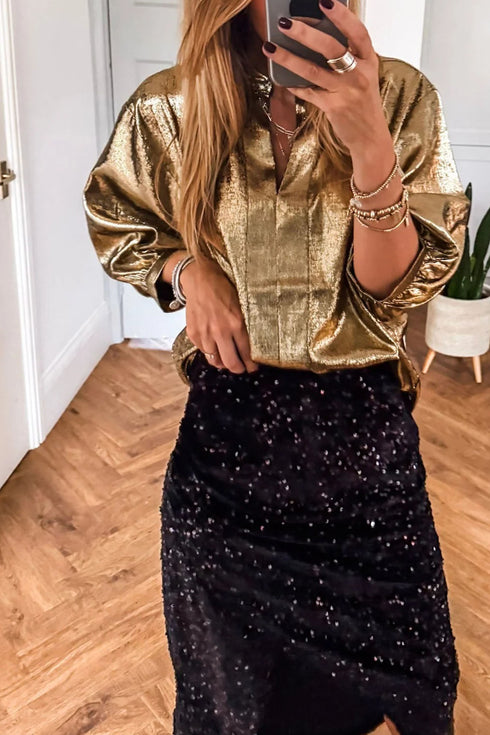 Gold Metallic Split Neck Half Sleeve Blouse