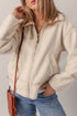 Beige Buckle Collar Detail Zip Up Fleece Jacket