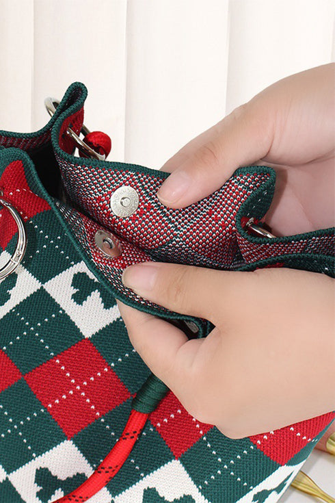 Fiery Red Retro Argyle Bow Printed Fashion Knit Bucket Bag