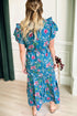 Blue Floral Flutter Sleeve Button Tie Split Neck Belted Long Dress